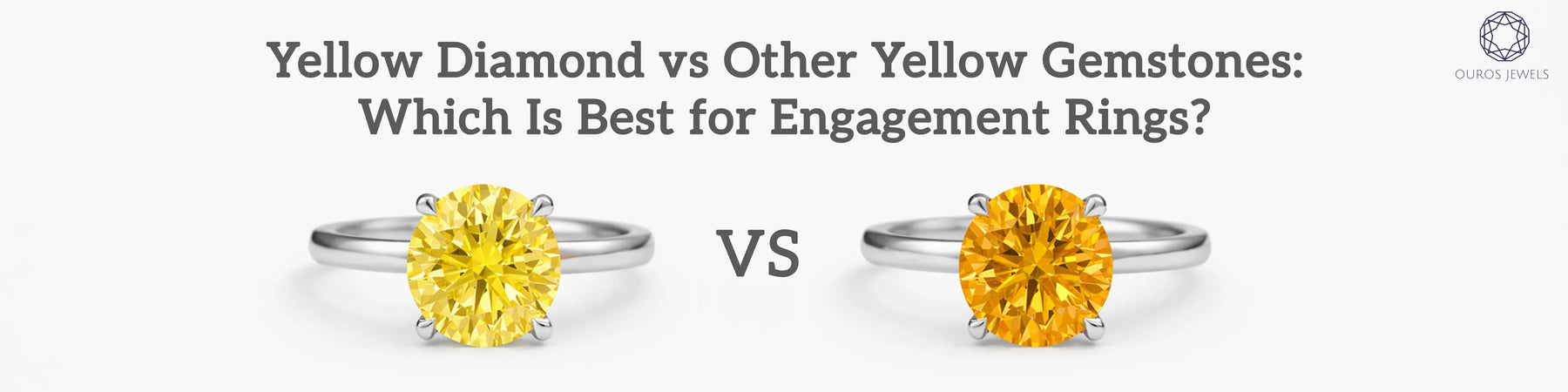 Yellow diamond vs citrine engagement rings in solitaire style from Ouros Jewels showcasing vibrant center stones