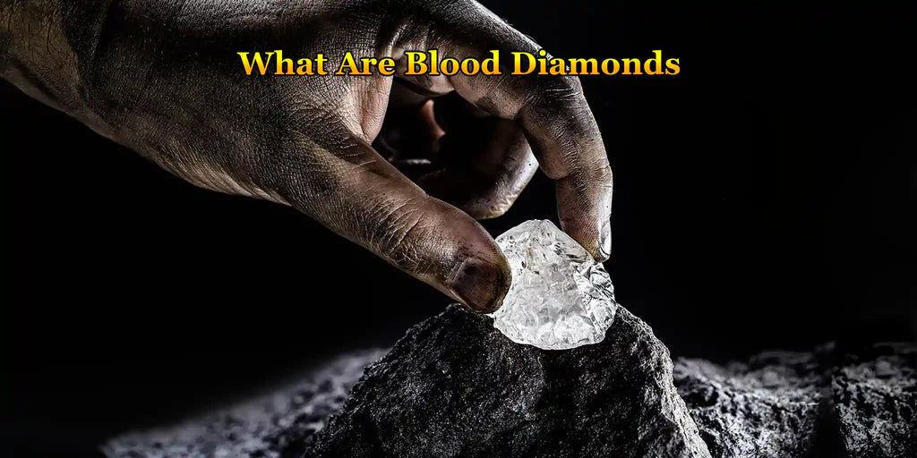 [A dirty hand holding a rough, uncut diamond with the text 'What Are Blood Diamonds' in yellow. The background is dark, emphasizing the stark contrast between the diamond's brilliance and the rough conditions of its mining.]-[ouros jewels]
