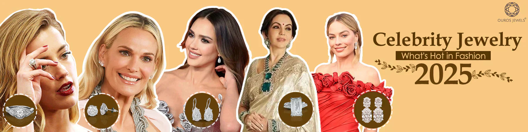 Image showing famous Celebrity Jewelry Trends in 2025, including elegant lab-grown diamond rings and earrings. A luxurious and red carpet-inspired fine jewelry designed by Ouros Jewels.