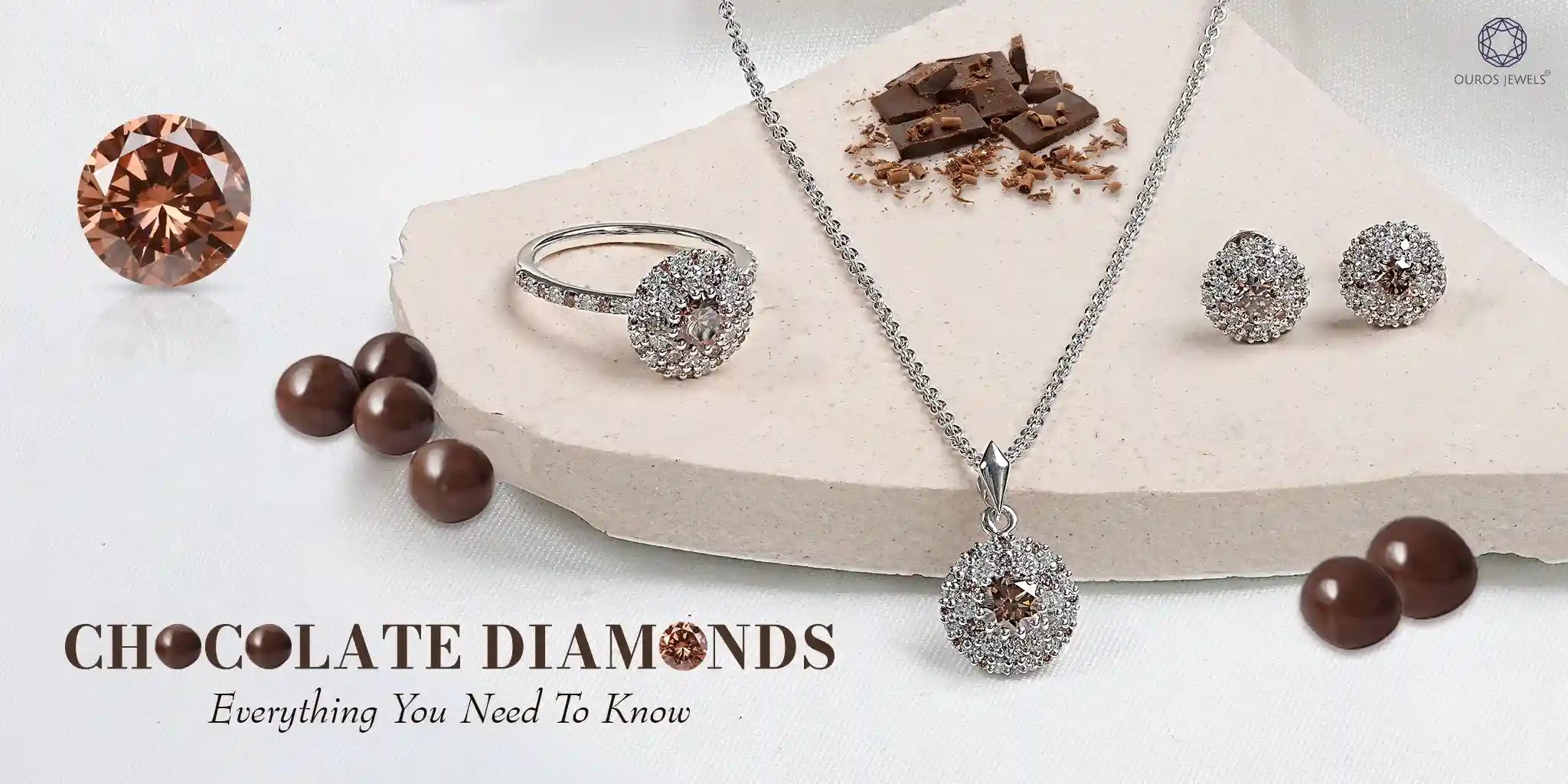 [Chocolate Diamonds - Everything You Need to Know. Elegant jewelry set featuring chocolate diamonds, including a ring, necklace, and earrings with sparkling halos, alongside chocolate pieces.]-[ouros jewels]