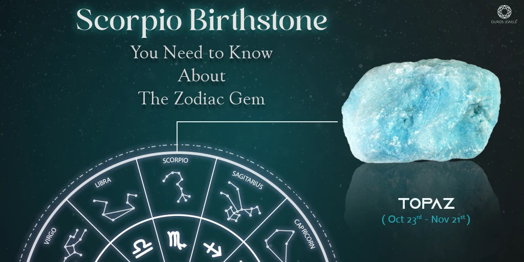 [Scorpio Birthstone Infographic - Topaz: Key Information About the Zodiac Gem (Oct 23rd - Nov 21st), Featuring a Zodiac Wheel and a Blue Topaz Gemstone]-[ouros jewels]