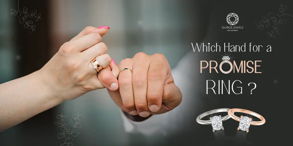 Two hands with promise rings, showcasing which hand to wear a promise ring, featuring elegant diamond rings by Ouros Jewels.