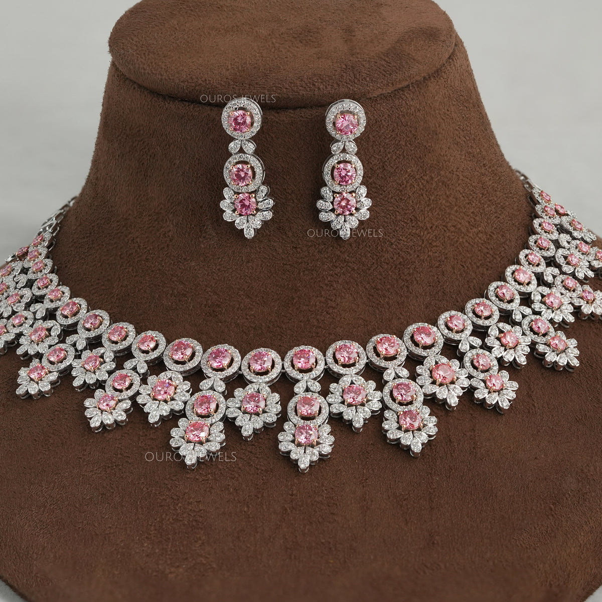 Pink Round Cut Lab Diamond Bridal Necklace Set