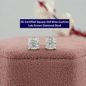 Square Old Mine Cushion Cut Lab Diamond Stud