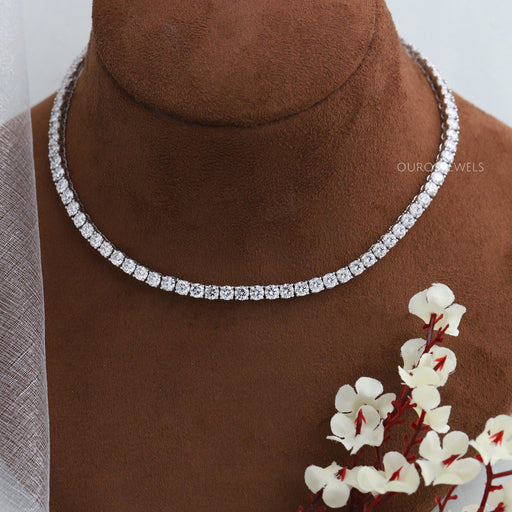 front view of round lab grown diamonds tennis necklace white gold