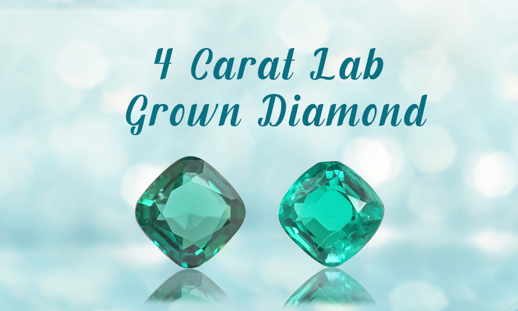 green color 4 carat lab grown diamond in cushion and radiant shapes with blue sparkle background