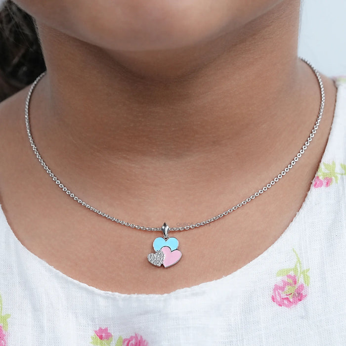 Colorful Triple Heart Tiny Round Diamond Pendant For Kids