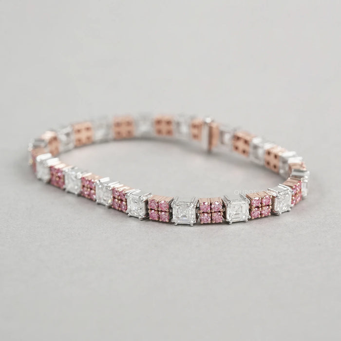 Asscher Cut  Pink Round  Lab Diamond Tennis Bracelet