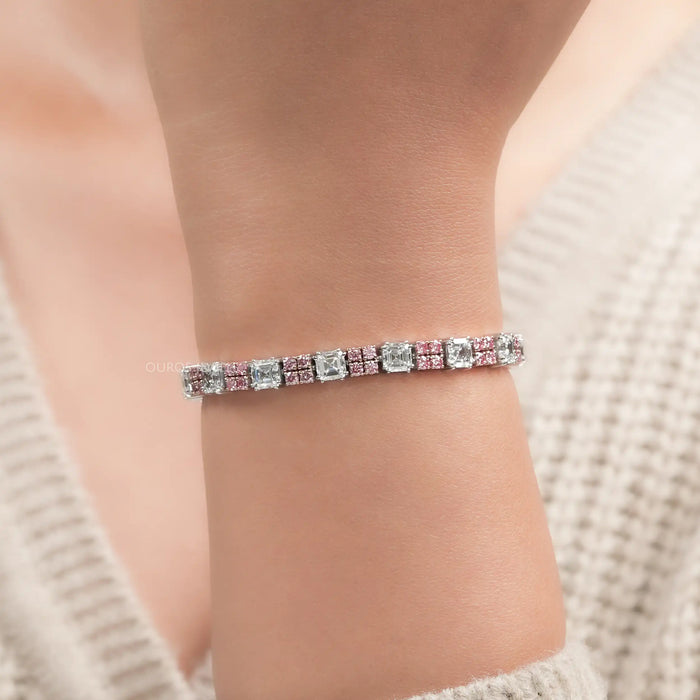 Asscher Cut  Pink Round  Lab Diamond Tennis Bracelet