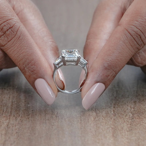 asscher cut lab diamond double prong three stone engagement ring's close view