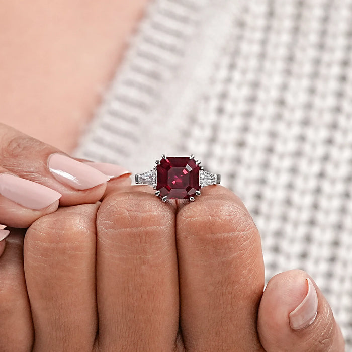 Asscher Cut Ruby Gemstone Tri Stone Ring