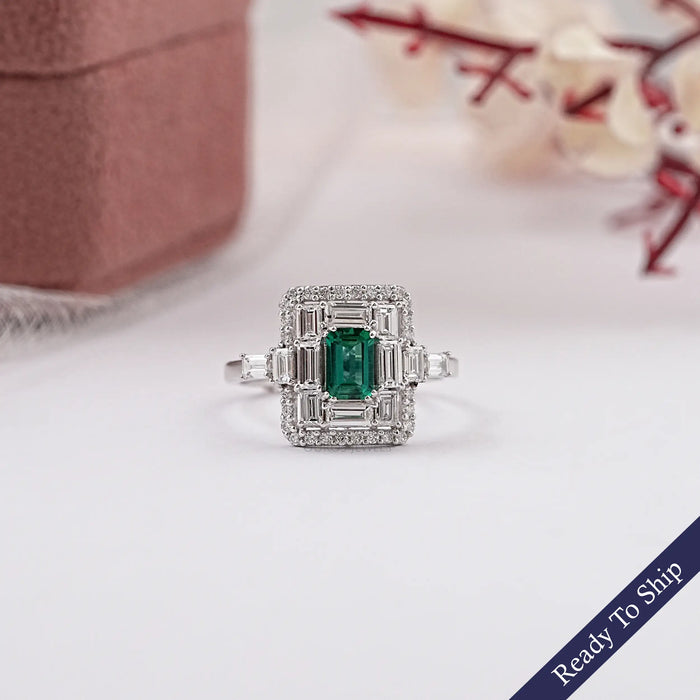 Baguette And  Round Halo Diamond Gemstone  Ring