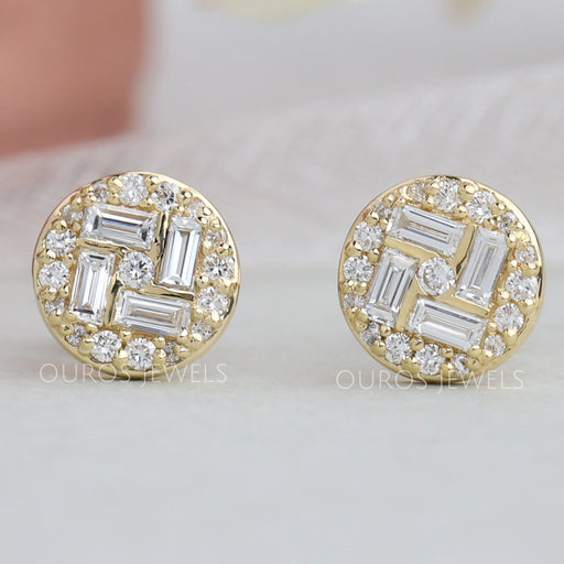 front view of baguette cluster diamond stud earrings yellow gold