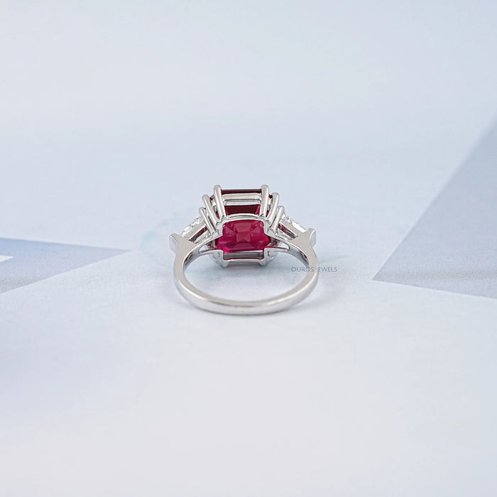 Asscher Cut Ruby Gemstone Tri Stone Ring