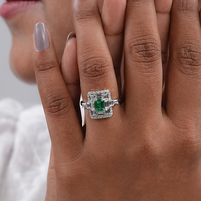 Green Emerald And Lab Diamond Halo Engagement Ring — Ouros Jewels