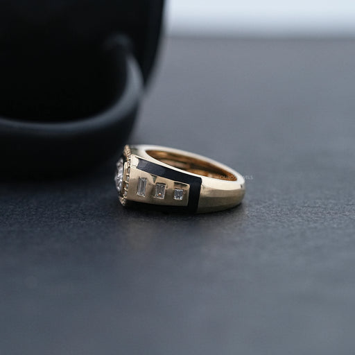 left view of east west radiant cut lab diamond halo men's wedding band