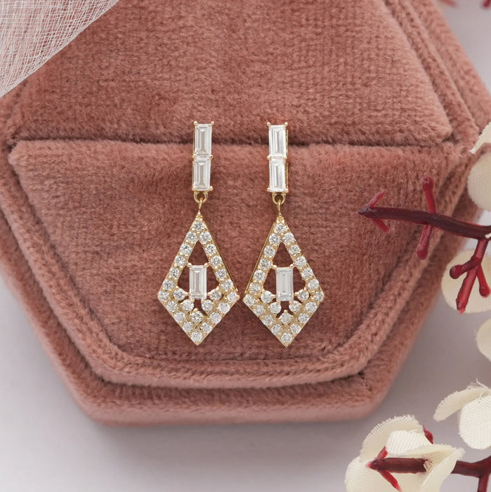 Baguette Cut & Round Halo Lab Grown Diamond Drop Earrings