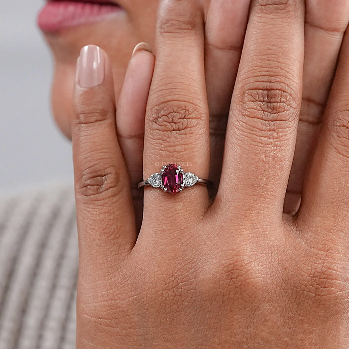 Oval Cut Red Ruby Three Stone Ring