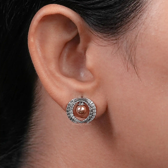 Round Diamond Halo Pearl  Earrings