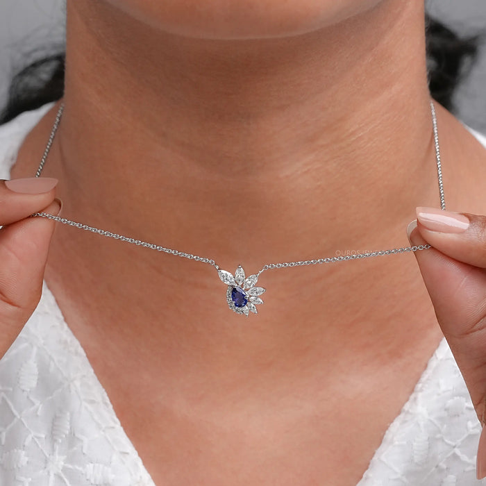 Blue Sapphire And Diamond Floral Cluster Pendant Necklace