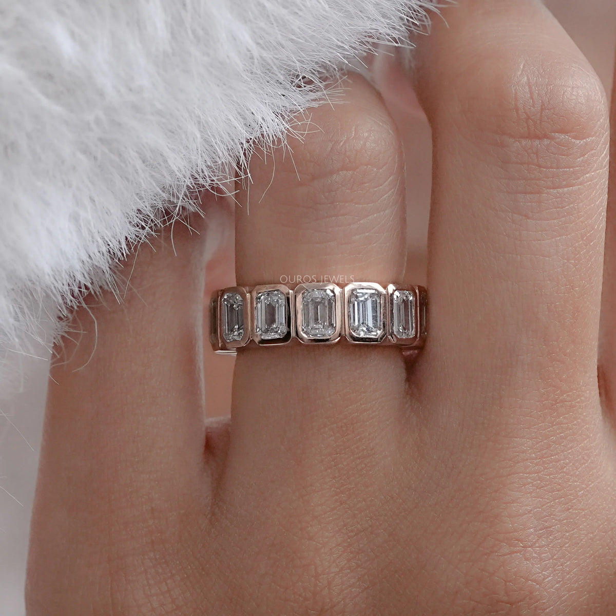 Bezel Set Emerald Cut Diamond Wedding Band — Ouros Jewels