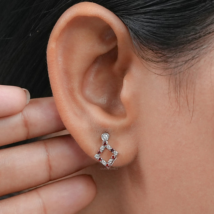 Bezel Set Round Ruby Gemstone Accent Drop Earrings