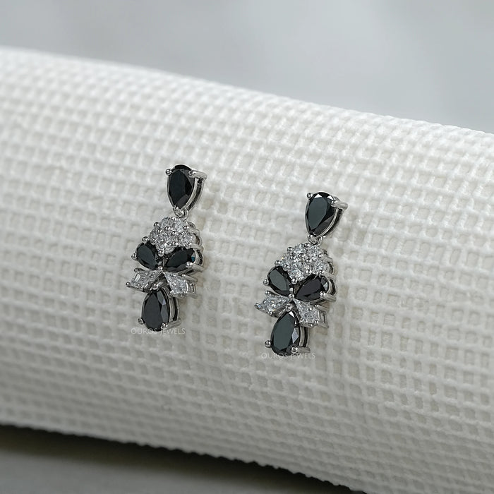 Black Pear Cut Lab Diamond Cluster Drop Dangle Earring