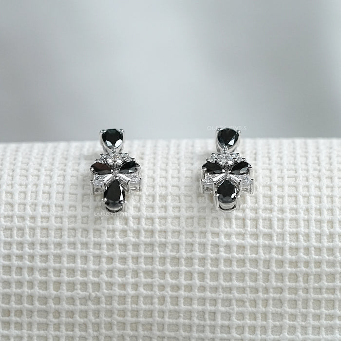 Black Pear Cut Lab Diamond Cluster Drop Dangle Earring