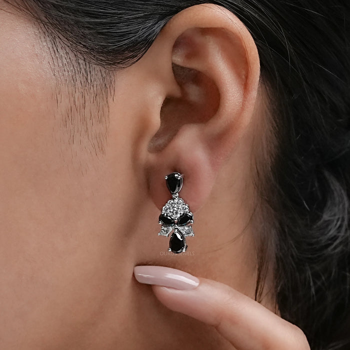 Black Pear Cut Lab Diamond Cluster Drop Dangle Earring