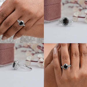 Black Oval Cut Halo With Accent Diamond Ring