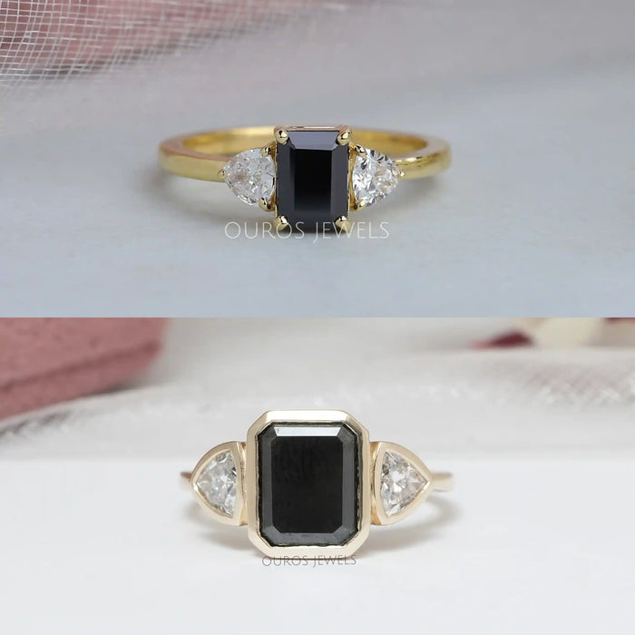 black emerald gemstone three stone engagement ring 