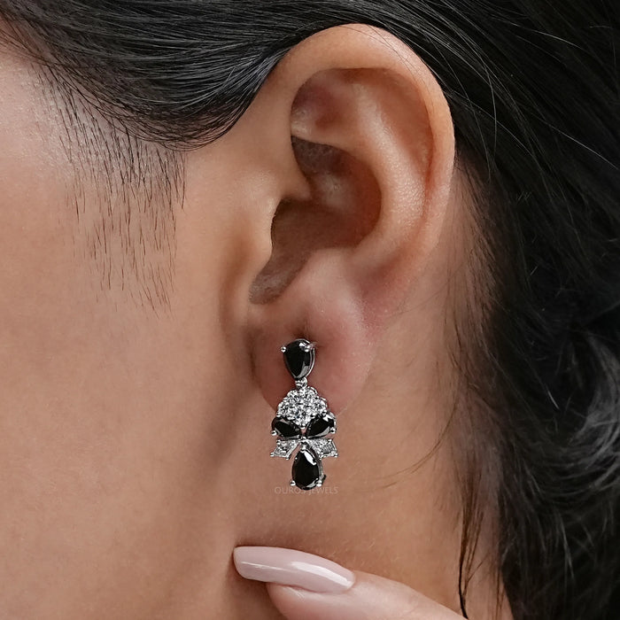 Black Pear Cut Lab Diamond Cluster Drop Dangle Earring