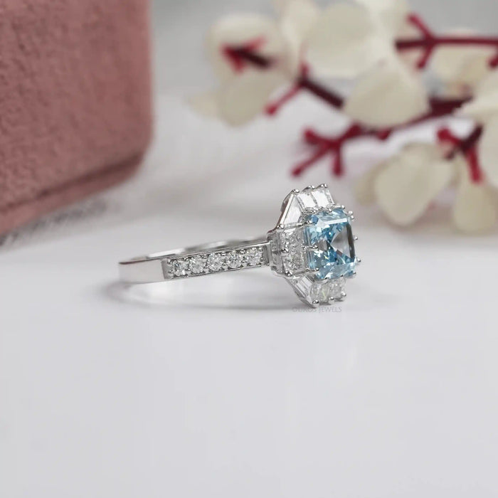 Fancy Blue Asscher Cut Halo With Accent Lab Diamond Ring