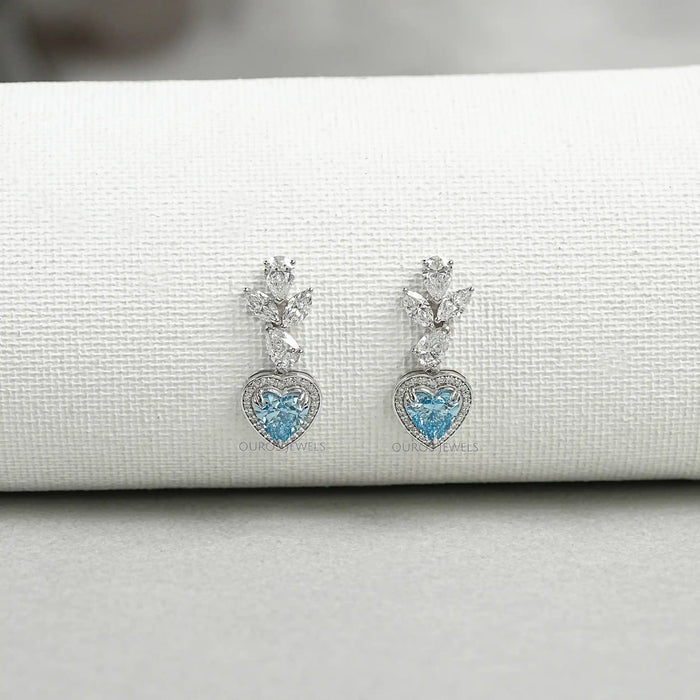 Blue Heart Halo Diamond Dangle Earrings