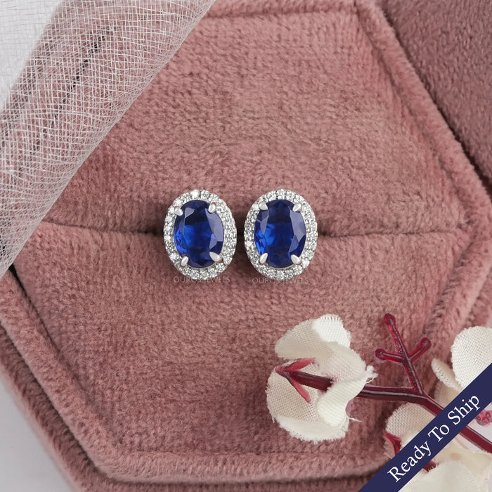 blue sapphire oval cut halo gemstone stud earrings