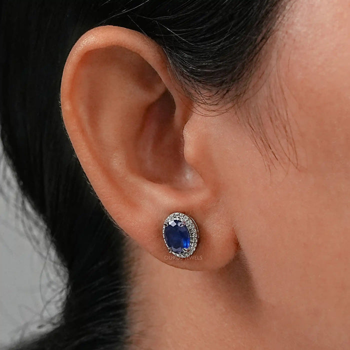 blue oval cut stud gemstone earring for women