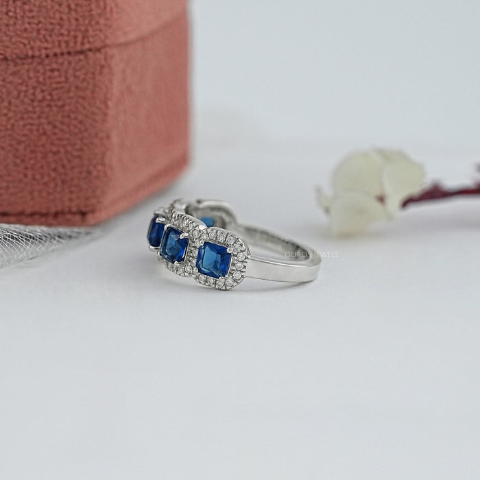 Five Stone Blue Asscher Cut Gemstone Halo Diamond Ring