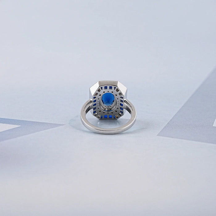 Blue Oval And Baguette Cut GemStone Engagement Ring