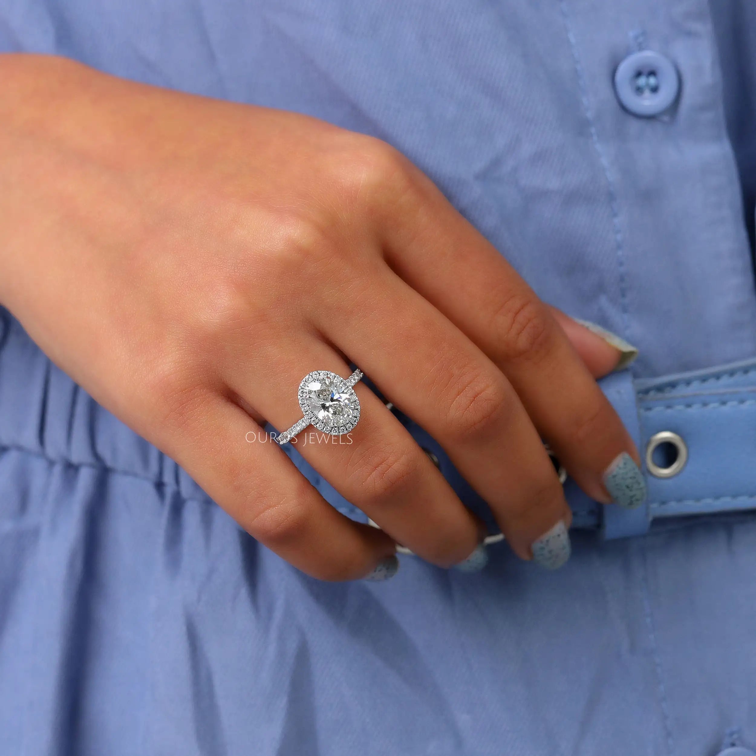 Oval Cut Halo With Solitaire Accent Diamond Engagement Ring