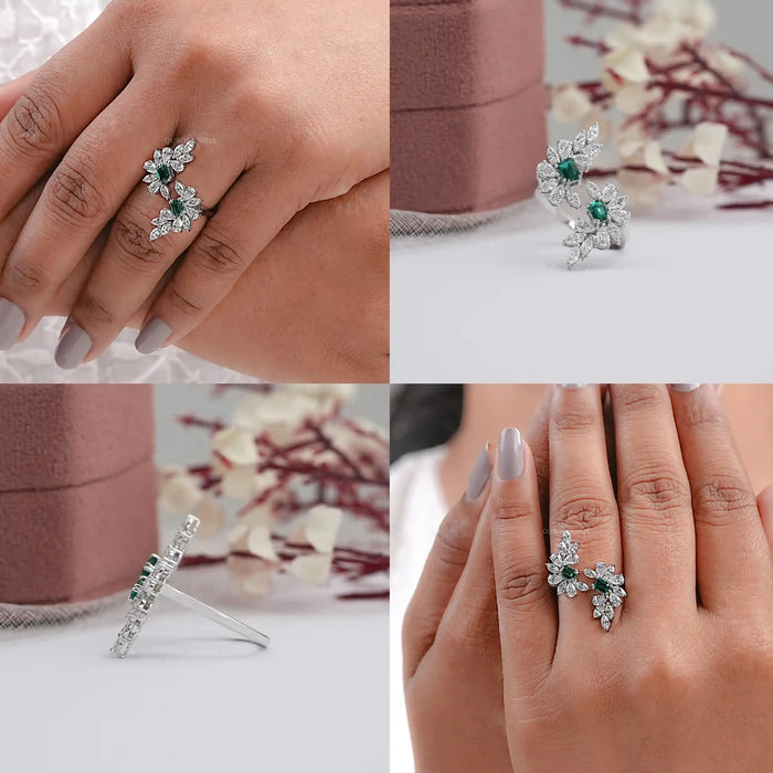 cluster diamonds and emerald gemstone bypass ring 