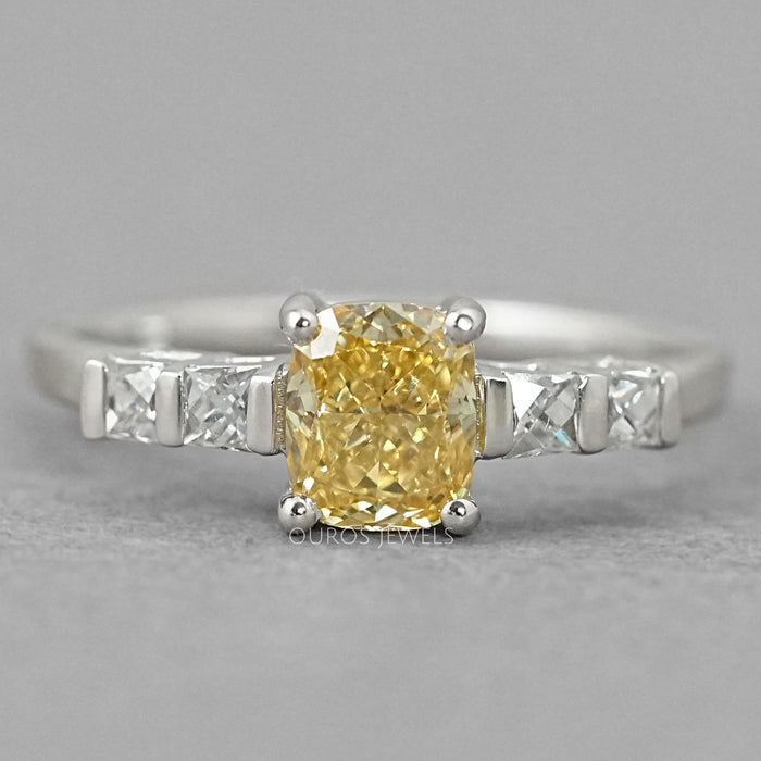 front view of canary yellow cushion-cut lab diamond 5-stone colored wedding band