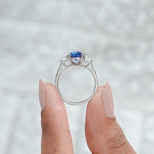 Sapphire Cushion Gemstone With Trapezoid Diamond  Ring