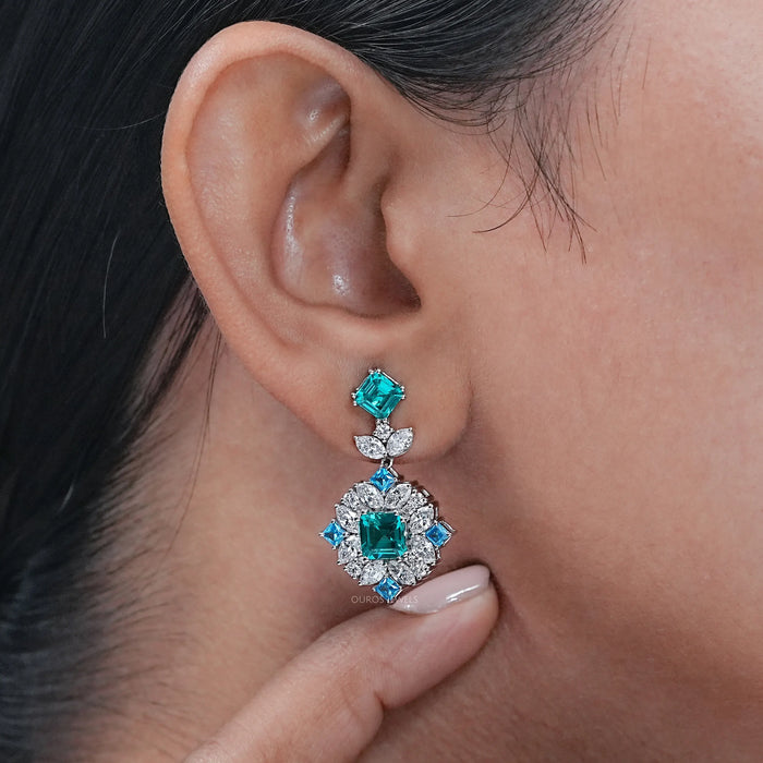 Asscher Paraiba Lab Gemstone Diamond Cluster Drop Earrings