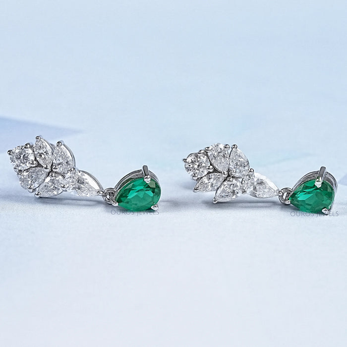 Emerald  With Diamond  Cluster  Pear Drop Earrings