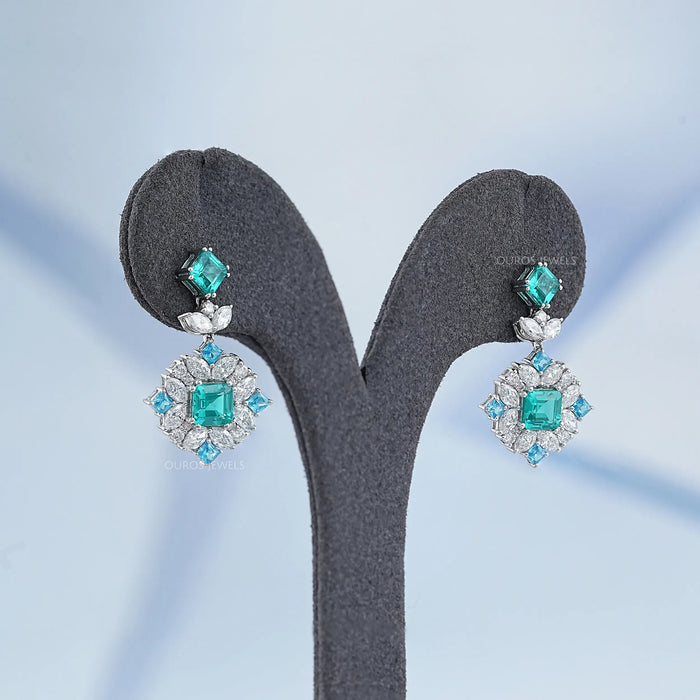 Asscher Paraiba Lab Gemstone Diamond Cluster Drop Earrings