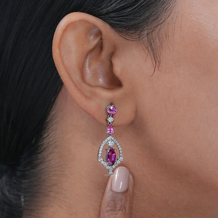 Pink Sapphire Marquise Cut Cluster Diamond Dangle Earrings