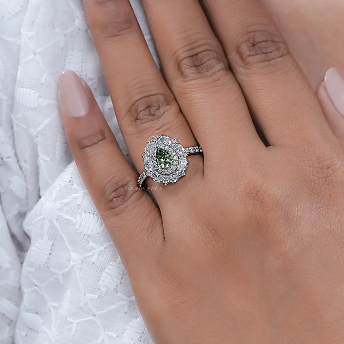 Green Pear Cut Surround Double Halo Diamond Engagement Ring