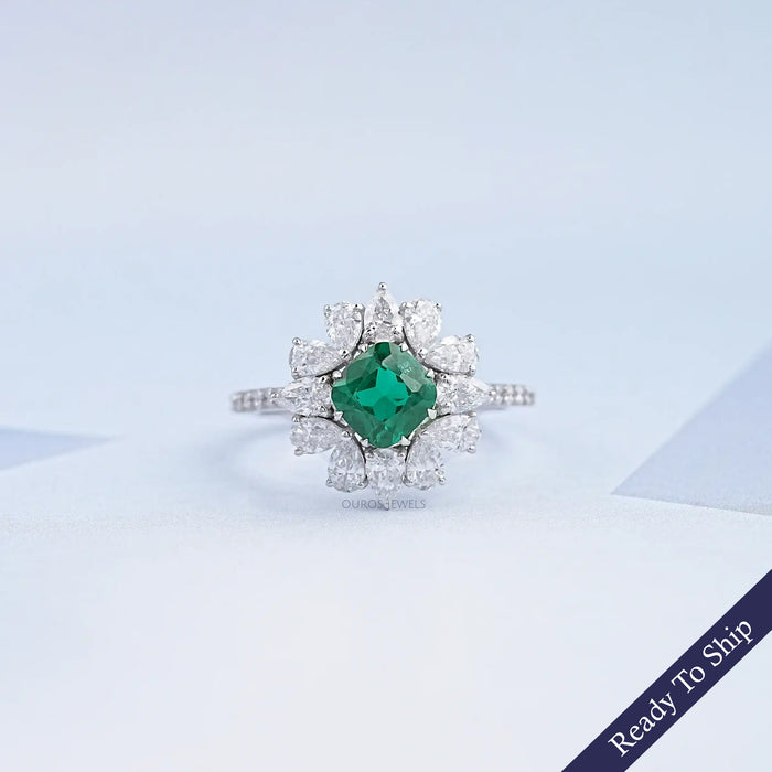 Green Cushion And Lab Diamond Halo Ring — Ouros Jewels