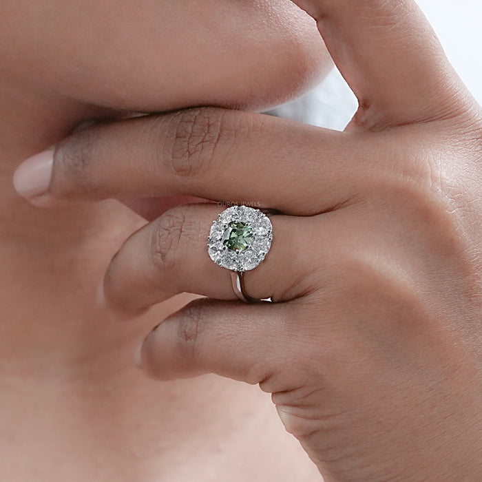 Green Cushion Diamond Halo Engagement Ring