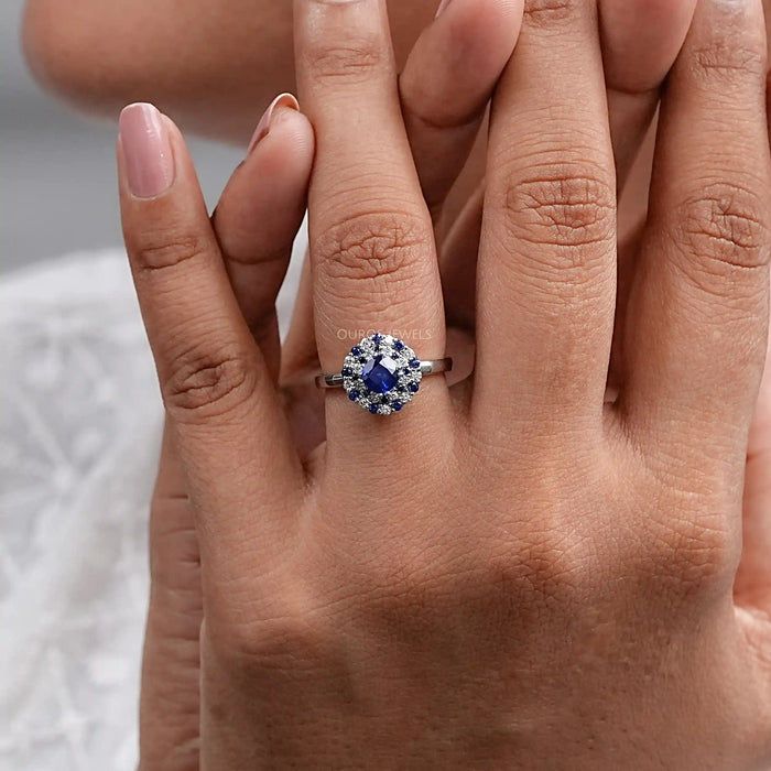 Cushion Sapphire Double Halo Engagement Ring